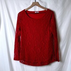 YAWOVE Womens Red Lace Long Sleeve Scoop Neck Top Size S Romantic Sheer Chic